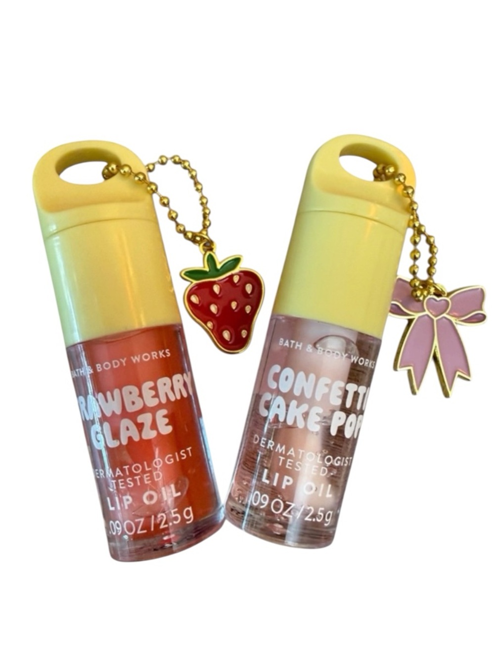 Bath & Body Works CONFETTI CAKE POP & STRAWBERRY GLAZE Lip Oil Set with Charms